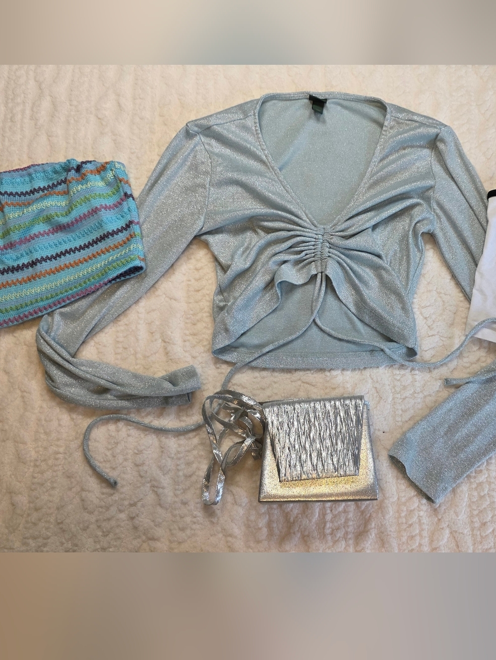 Y2K Going Out Bundle Silver Top Butterfly Cami Knit Tube Top Mini Bag